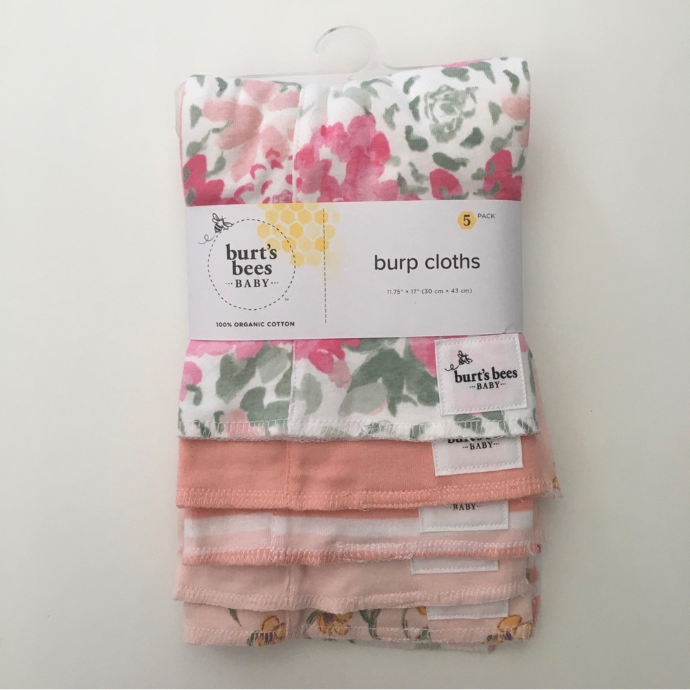 NEW 5 Burp Cloths 100% Organic Cotton Floral Pink White | Burt’s Bees